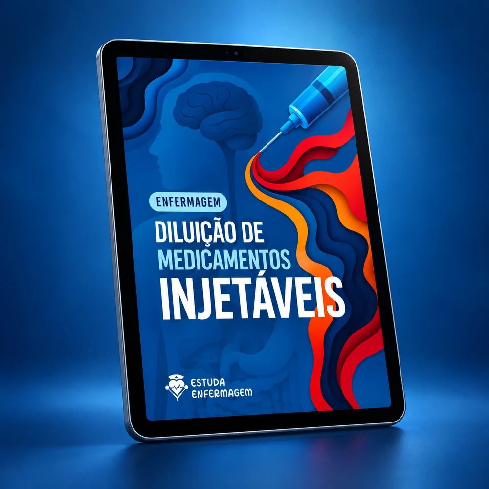 Guia de Diluição de Medicamentos Injetáveis do Estuda Enfermagem apresentado em um tablet
